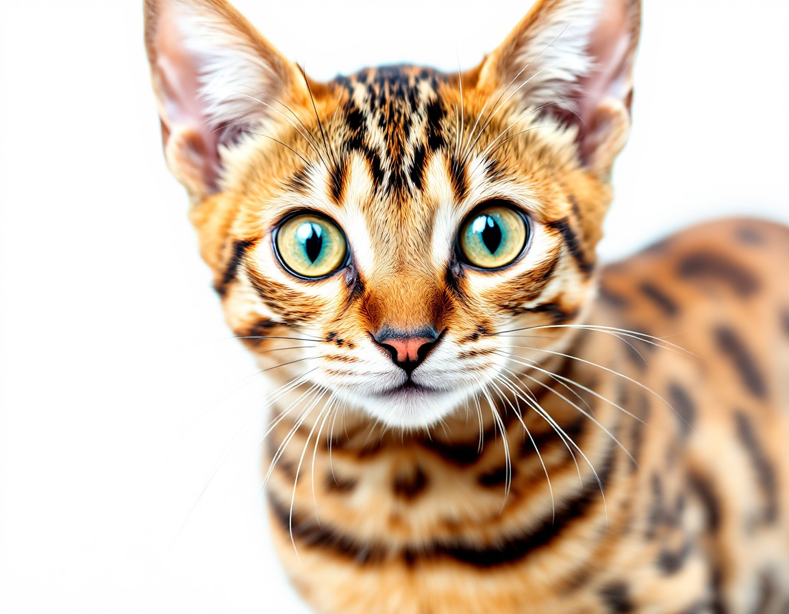 Close-up portrait of cat on a white background, with its alert expression and intricate details of its fur and whiskers in sharp focus.